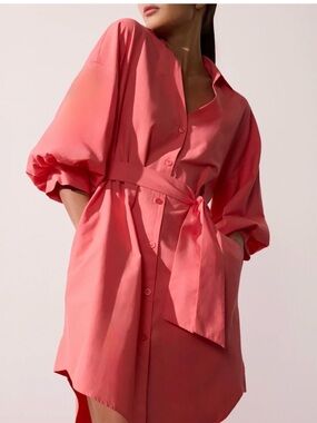 Brochu Walker Kate Coral Pink Button-Front Tie-Waist Shirt Dress